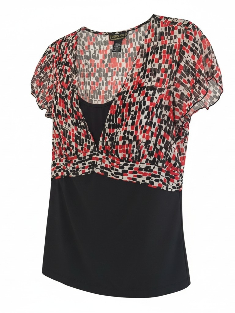 Russell Kemp Red, Black and Cream Patterned Surplice Top In EUC